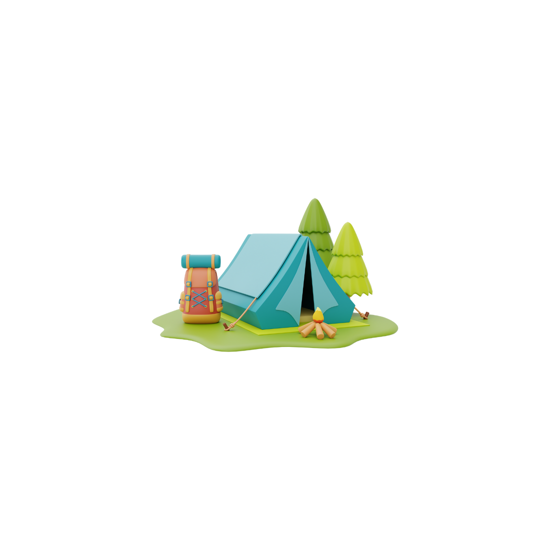 Animatie foto van een tent in de natuur met een backpack om de camping sweer aan te duiden.