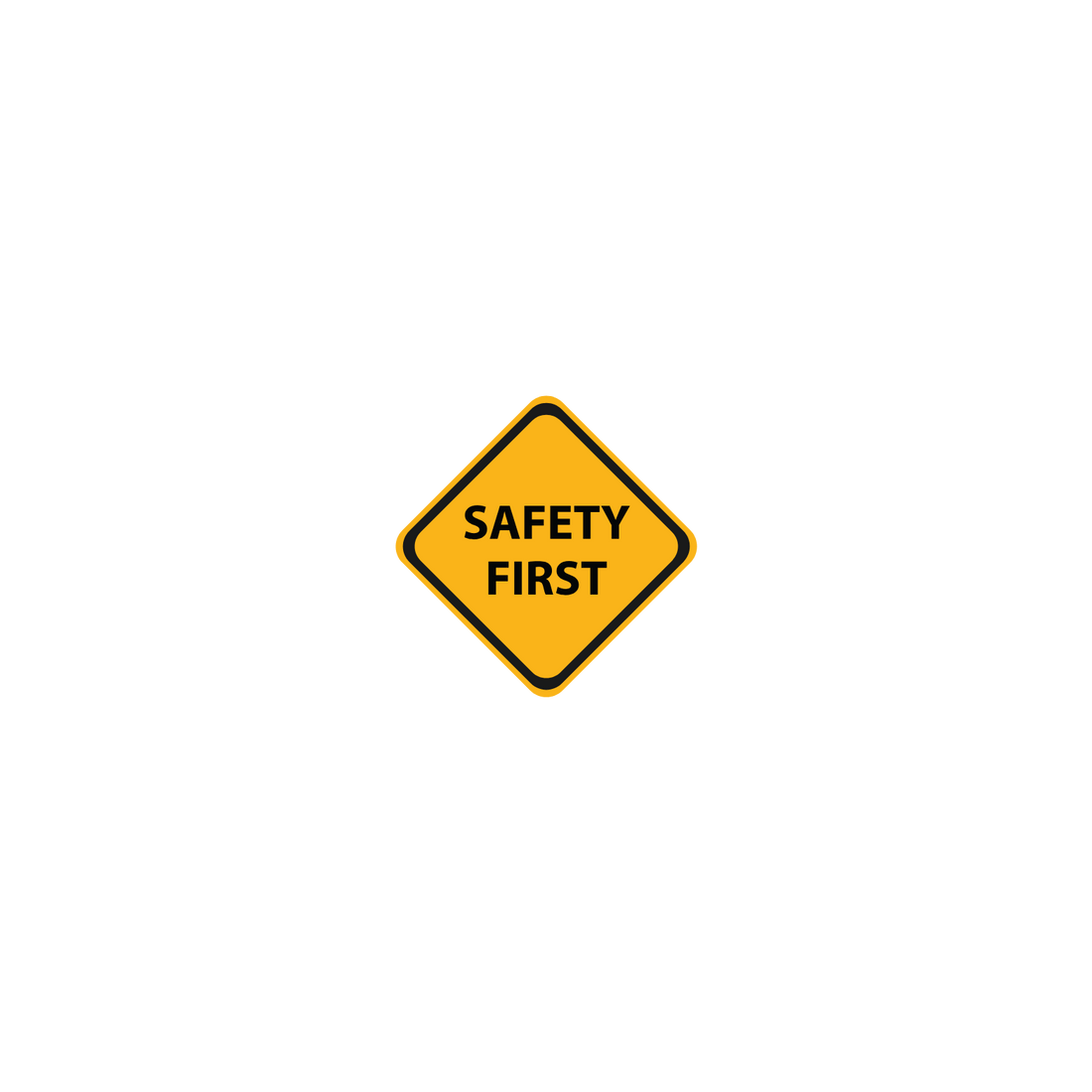 Animatie foto van een geel ruit-bord waar op staat: Safety First