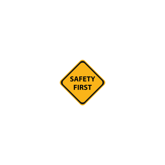 Animatie foto van een geel ruit-bord waar op staat: Safety First